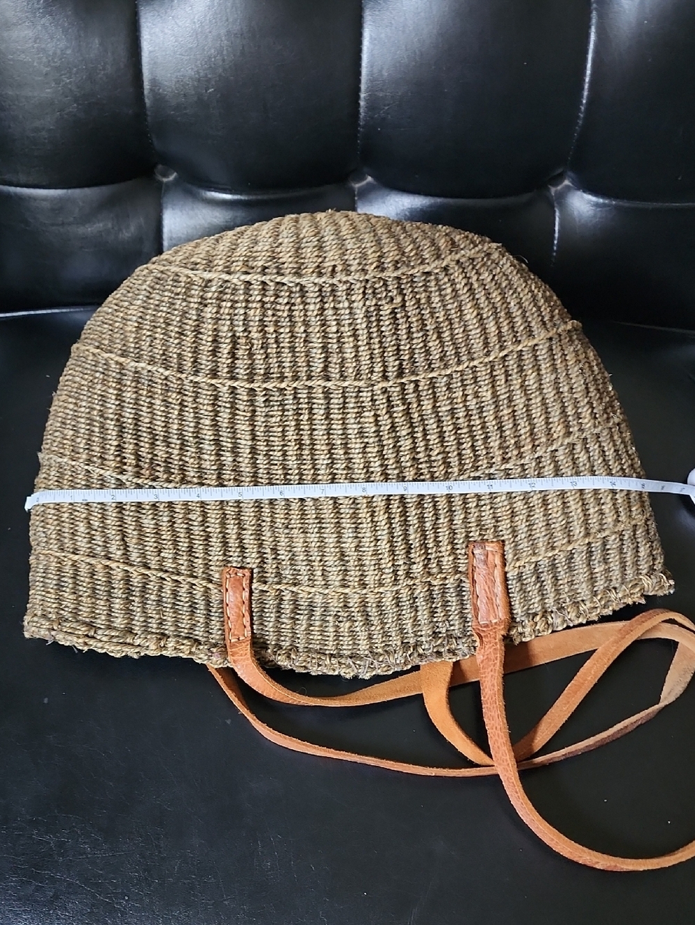 African Woven Sisel Jute Leather Strap Large Market Tote Purse Bag Vintage - Picture 8 of 11
